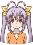  antenna_hair blank_stare buttons chestnut_mouth expressionless hair_between_eyes long_hair looking_at_viewer miyauchi_renge mugen_ouka non_non_biyori open_mouth orange_shirt purple_hair red_eyes shirt simple_background solo triangle_mouth twintails very_long_hair white_background 