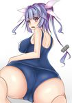  ass bad_id bad_pixiv_id blue_hair blush breasts fang hair_ornament hair_ribbon heart heart-shaped_pupils i-19_(kantai_collection) kantai_collection large_breasts long_hair looking_at_viewer looking_back one-piece_swimsuit open_mouth red_eyes ribbon school_swimsuit solo swimsuit symbol-shaped_pupils terakoya twintails 