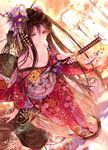  autumn autumn_leaves bangs bare_shoulders barefoot breasts brown_hair cleavage closed_mouth dutch_angle falling_leaves floral_print hair_ornament holding holding_sword holding_weapon japanese_clothes katana kimono lamppost leaf lens_flare long_hair looking_at_viewer medium_breasts no_bra off_shoulder print_kimono rope rozer smile solo sword tree unleashed very_long_hair weapon yellow_eyes 