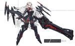  albino armor black_dress black_gloves black_legwear boots breasts cleavage cleavage_cutout dress full_body gloves highres huge_weapon kishiyo large_breasts long_hair looking_at_viewer md5_mismatch mecha_musume mechanical_wings metal_boots original pantyhose red_eyes revision silver_hair smile solo tachi-e thigh_boots thighhighs very_long_hair weapon white_hair wings 