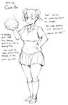  ;) blush breasts cake character_name character_profile curvy english food frilled_legwear full_body fume gebyy-terar greyscale hair_ornament hand_on_hip highres holding kneehighs large_breasts leg_garter looking_at_viewer monochrome one_eye_closed original plump school_uniform simple_background sketch smile solo standing white_background 