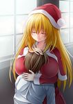  1girl atago_(kantai_collection) between_breasts blonde_hair breast_smother breasts brown_hair closed_eyes creek_(moon-sky) hat head_between_breasts height_difference hug kantai_collection large_breasts long_hair santa_costume santa_hat smile window 