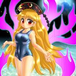  blonde_hair blush breasts frown hat junko_(touhou) large_breasts long_hair one-piece_swimsuit red_eyes school_swimsuit shiny shiny_clothes shiny_skin solo swimsuit touhou very_long_hair winn 