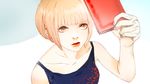  alpaca_tarou highres holding lips nishinosono_moe orange_eyes orange_hair short_hair solo subete_ga_f_ni_naru tank_top 