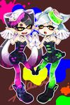  2girls aori_(splatoon) black_hair brown_eyes commentary copyright_name detached_collar domino_mask dress earrings fangs food food_on_head gloves green_legwear grey_hair highres hotaru_(splatoon) jewelry long_hair looking_at_viewer mask mokachoko mole mole_under_eye multiple_girls object_on_head open_mouth paint_splatter pantyhose pointy_ears pose purple_legwear shoes short_dress short_hair short_jumpsuit smile splatoon_(series) splatoon_1 standing strapless strapless_dress symmetrical_hand_pose tentacle_hair 