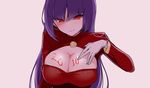  body_writing breasts cleavage cleavage_cutout gloves hizuki_akira jpeg_artifacts large_breasts natsume_(pokemon) pokemon purple_hair red_eyes solo 