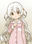  blush buttons head_tilt long_hair mahou_shoujo_madoka_magica momoe_nagisa oda_takayuki pajamas scrunchie smile solo striped two_side_up vertical_stripes white_hair 