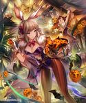  :d alternate_hair_color animal animal_ears bad_id bad_pixiv_id basket bat bow bowtie breasts brown_eyes bunny_ears bunnysuit cape cleavage collarbone detached_collar floating flying fur_trim garland_(decoration) ghost granblue_fantasy halloween hat highres jack-o'-lantern leaf leaning_forward lee_hyeseung leotard looking_at_viewer looking_back medium_breasts mini_hat multiple_girls official_art open_mouth pantyhose plant pumpkin red_hair shingeki_no_bahamut short_hair smile standing striped striped_legwear sword therese_(granblue_fantasy) wavy_mouth weapon witch_hat 