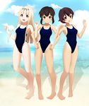  :d barefoot beach black_eyes blonde_hair brown_eyes brown_hair cloud competition_swimsuit day fubuki_(kantai_collection) green_eyes hair_ribbon hands_on_hips highleg highleg_swimsuit highres kantai_collection locked_arms long_hair matching_outfit multiple_girls mutsuki_(kantai_collection) ocean one-piece_swimsuit open_mouth outdoors pigeon-toed ribbon short_hair sidelocks sky smile swimsuit telaform water yuudachi_(kantai_collection) 
