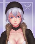  blue_eyes breasts cleavage collarbone eliskalti fur_trim hat jacket league_of_legends leather leather_jacket lips looking_at_viewer medium_breasts nose portrait realistic sejuani shirt short_hair solo 