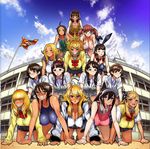  :d animal_ears bikini blonde_hair blush bow bowtie breasts brown_hair bunny_ears bunnysuit cardigan clenched_teeth closed_eyes covered_nipples dark_skin detached_collar glasses grin gyaru gym_shorts highres human_pyramid jewelry jpeg_artifacts kogal large_breasts leopard_(artist) long_hair looking_at_viewer multiple_girls necklace one-piece_swimsuit open_mouth original pleated_skirt red_eyes school_uniform short_hair shorts skirt smile striped striped_bikini sweatdrop sweater_vest swimsuit teeth track_uniform twintails 