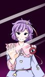  against_fourth_wall against_glass black_eyes blue_shirt eyeball fourth_wall glass gradient gradient_background hairband heart komeiji_satori looking_at_viewer maditsu phone_wallpaper purple_hair shirt short_hair smile solo string third_eye touhou upper_body wide_sleeves 