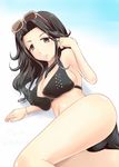  ass bikini black_hair breasts cleavage dune_(artist) eyewear_on_head idolmaster idolmaster_cinderella_girls large_breasts long_hair purple_eyes solo sunglasses swimsuit takahashi_reiko 