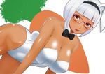  animal_ears blush breasts bunny_ears bunny_tail bunnysuit cleavage dark_skin detached_collar glasses large_breasts looking_at_viewer open_mouth original short_hair silver_hair solo tail tomatto_(@ma!) 