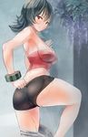  ass bare_arms bare_shoulders bike_shorts black_hair bracelet crop_top jewelry kazo looking_at_viewer natsume_(pokemon) pants_pull pokemon pokemon_(game) pokemon_hgss red_eyes solo sweat undressing 