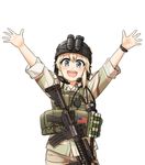  :d \o/ american_flag ar-15 arms_up assault_rifle belt_pouch blonde_hair blue_eyes camouflage commentary cowboy_shot eotech glowstick gun helmet load_bearing_vest m4_carbine meme military military_operator military_uniform night_vision_device open_mouth operator-chan original outstretched_arms plate_carrier pocket pouch radio rifle shino_(r_shughart) short_hair simple_background smile solo stanag_magazine tri-color_desert uniform vertical_foregrip watch weapon white_background 