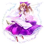  :o alternate_color ascot blush bow brown_hair bulbonne detached_sleeves full_body gohei hair_bow hair_tubes hakurei_reimu looking_at_viewer ofuda open_mouth red_eyes ribbon-trimmed_sleeves ribbon_trim shoes simple_background smile solo touhou white_background white_sleeves 