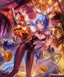 :d animal_ears bad_id bad_pixiv_id blue_eyes blue_hair blush bow bowtie breasts brown_hair bunny_ears bunnysuit cape cleavage detached_collar epaulettes fake_animal_ears fur_trim garland_(decoration) granblue_fantasy halloween highres jack-o'-lantern lee_hyeseung leotard long_hair looking_at_viewer looking_back medium_breasts multiple_girls official_art open_mouth pantyhose pumpkin red_hair shingeki_no_bahamut smile standing sword therese_(granblue_fantasy) twintails wavy_mouth weapon 
