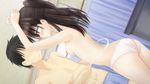  1girl arms_up ass black_hair breasts brown_eyes embarrassed from_side long_hair navel nipples panties ribbon school shitou_(4h) small_breasts topless underwear underwear_only white_panties 