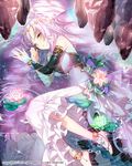  anklet bare_shoulders barefoot barefoot_sandals bridal_gauntlets dress flower highres jewelry long_hair lotus lying on_side orange_eyes partially_submerged purple_hair roh_nam_kyung solo tenkuu_no_crystalia toe_ring very_long_hair water 