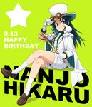  blue_eyes blue_hair cape character_name crossed_legs dated formal goggles goggles_on_headwear hand_on_own_headwear happy_birthday hat idolmaster idolmaster_cinderella_girls loafers long_hair nanjou_hikaru nash_(na-si) necktie shoes shorts sitting smile socks solo staff star suit top_hat white_legwear 