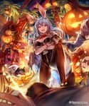  :d animal_ears ass_visible_through_thighs bad_id bad_pixiv_id bangs black_legwear blue_eyes blue_hair bow bowtie breasts bunny_ears bunnysuit chain cleavage crescent crossed_arms detached_collar fake_animal_ears gloves granblue_fantasy halloween hat hat_removed headwear_removed highres jack-o'-lantern jacket_on_shoulders lamp large_breasts lee_hyeseung long_hair looking_at_viewer night night_sky official_art open_mouth palm_tree pantyhose pov pumpkin red_bow red_footwear shingeki_no_bahamut shoes silk sky smile solo_focus spider_web star stepped_on string_of_flags sword therese_(granblue_fantasy) tree weapon witch_hat 