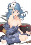  angry barefoot blue_eyes blue_hair blush breasts cork_gun double_bun fox_mask highres japanese_clothes jonsun kantai_collection kimono large_breasts long_hair looking_at_viewer mask open_mouth simple_background sitting solo torn_clothes urakaze_(kantai_collection) wariza white_background yukata 
