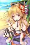  arm_support bangs bare_shoulders beach black_legwear black_ribbon blonde_hair bottle bow breasts cleavage detached_sleeves drinking_straw flower food frilled_skirt frills granblue_fantasy hair_bow hair_flower hair_ornament heart hibiscus holding holding_hair ice_cream ice_cream_float long_hair looking_at_viewer lotion medium_breasts mouth_hold ocean orange_bow outdoors ponytail red_eyes rei_(rei's_room) ribbon shadow sitting skirt smile solo sunscreen text_focus thigh_ribbon vira_lilie 