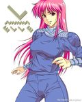  alternate_eye_color bangs breasts copyright_name cowboy_shot el_(game) el_miles eyelashes long_hair long_sleeves looking_at_viewer medium_breasts nolia parted_lips pink_hair red_eyes shoulder_pads simple_background smile solo straight_hair turtleneck watermark web_address white_background 