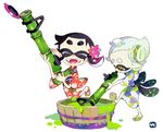  aori_(splatoon) bamboozler_14_(splatoon) basin child cousins domino_mask fangs hair_ornament hotaru_(splatoon) japanese_clothes kimono mask mole mole_under_eye multiple_girls open_mouth paint pointy_ears sandals short_hair silver_hair splatoon_(series) splatoon_1 symbol-shaped_pupils take_(illustrator) weapon younger yukata 