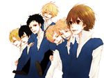  6+boys ^_^ bangs black_eyes black_hair black_pants blonde_hair brothers brown_eyes brown_hair carrying closed_eyes closed_mouth collared_shirt facing_viewer fujioka_haruhi hand_on_another's_arm hand_on_another's_shoulder haninozuka_mitsukuni hitachiin_hikaru hitachiin_kaoru lineup long_sleeves looking_at_viewer morinozuka_takashi multiple_boys older ootori_kyouya ouran_high_school_host_club pants parted_lips piggyback popped_collar profile reverse_trap sai_(pirka) school_uniform shirt shoe_soles short_hair siblings side-by-side simple_background smile suou_tamaki sweater_vest twins upper_body white_background white_shirt 