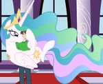  2014 anon badumsquish carrying clothing crown cutie_mark duo equine female friendship_is_magic gold_(metal) hair horn hug human inside male mammal multicolored_hair my_little_pony princess_celestia_(mlp) purple_eyes winged_unicorn wings 
