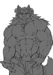  abs canine clothing lokya male mammal monochrome muscular pants pecs simple_background solo teasing underwear undressing 