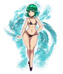  ass_visible_through_thighs aura bikini black_bikini breasts contrapposto curly_hair eyelashes frilled_bikini frills frown full_body green_eyes green_hair hand_on_hip highres micro_bikini navel one-punch_man pumps short_hair small_breasts solo standing swimsuit tatsumaki the_golden_smurf thigh_gap thighs wide_hips 