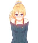  :t ayase_eli bare_shoulders blonde_hair blue_eyes blush breasts casual hair_ornament hair_scrunchie highres love_live! love_live!_school_idol_project medium_breasts mikhail_n off-shoulder_sweater ponytail pout ribbed_sweater scrunchie short_hair simple_background solo sweater white_background 