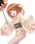  alternate_costume bad_id bad_pixiv_id brown_eyes brown_hair commentary fan fang hair_ornament hairclip ikazuchi_(kantai_collection) japanese_clothes kantai_collection kimono kotanu_(kotanukiya) looking_at_viewer obi open_mouth paper_fan sash short_hair smile solo uchiwa white_background yukata 