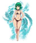  ass_visible_through_thighs aura barefoot bikini black_bikini breasts contrapposto curly_hair eyelashes frilled_bikini frills frown full_body green_eyes green_hair hand_on_hip highres micro_bikini navel one-punch_man short_hair small_breasts solo standing swimsuit tatsumaki the_golden_smurf thigh_gap thighs toes wide_hips 