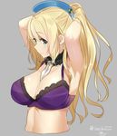  arms_up atago_(kantai_collection) blonde_hair bra breasts bunching_hair detached_collar green_eyes hair_up hairdressing hat isshiki_(ffmania7) kantai_collection large_breasts long_hair ponytail purple_bra solo twitter_username underwear upper_body 