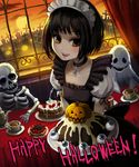  1girl bangs black_hair brown_eyes cake choker cloud cross cup curtains english eyeball fang food fork frills ghost graveyard halloween happy_halloween highlights indoors jack-o'-lantern lace-trimmed_sleeves lamp looking_at_viewer looking_to_the_side multicolored_hair orange_sky original pink_hair plate puffy_short_sleeves puffy_sleeves pumpkin saucer short_hair short_sleeves skeleton sky solo stitches sun table tea tea_set teacup teapot tombstone twilight ume_(illegal_bible) upper_body waitress window 