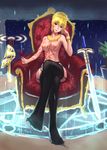  absurdres ahoge alcohol artoria_pendragon_(all) bodypaint braid breasts chin_rest collarbone crossed_legs cup drinking_glass ea_(fate/stay_night) excalibur fate/stay_night fate_(series) flower_pot garter_belt gilgamesh green_eyes head_tilt heterochromia highres jewelry long_sword looking_at_viewer magic_circle medium_breasts necklace nipples plant potted_plant red_eyes saber short_hair sitting solo sword thighhighs throne topless weapon wine wine_glass xylinda 