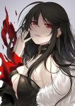  1girl absurdres bangs bba1985 bell black_hair breasts choker consort_yu_(fate) ear_piercing fate/grand_order fate_(series) fur_collar fur_trim grey_background hair_between_eyes highres jingle_bell large_breasts long_hair looking_at_viewer parted_lips piercing red_eyes signature simple_background solo standing upper_body 