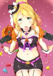  ayase_eli bat_wings belt blonde_hair blue_eyes candy food food_in_mouth garter_straps hair_ornament hair_scrunchie halloween halloween_costume hat highres ksk_(semicha_keisuke) lollipop love_live! love_live!_school_idol_project midriff mini_hat mini_witch_hat miniskirt mouth_hold navel ponytail scrunchie sitting skirt solo swirl_lollipop wings witch_hat wrist_cuffs 