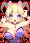  1girl animal_ears blonde_hair blush breasts cat_ears demon_girl fangs halloween highres horns large_breasts long_hair looking_at_viewer open_mouth original purple_eyes smile solo succubus suzune_rai 