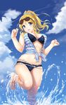  ayase_eli bikini blonde_hair blue_eyes breasts hair_ornament hair_scrunchie kichiroku large_breasts long_hair looking_at_viewer love_live! love_live!_school_idol_project open_mouth ponytail scrunchie shirt smile solo striped striped_shirt sunglasses swimsuit tied_shirt water 