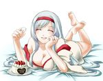  bare_shoulders barefoot blue_panties breast_press breasts cake cleavage closed_eyes collarbone cream facing_viewer feet food fruit full_body hairband happy happy_birthday japanese_clothes jewelry kantai_collection large_breasts legs_up long_hair lying miko no_pants off_shoulder on_bed on_stomach open_mouth panties ring sakutsuki shoukaku_(kantai_collection) silver_hair smile solo strawberry the_pose underwear white_background 