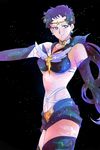  bishoujo_senshi_sailor_moon black_background black_gloves black_hair black_shorts choker circlet cowboy_shot earrings elbow_gloves gloves highres hoshiai_tora jewelry long_hair low_ponytail outstretched_arm sailor_star_fighter seiya_kou short_shorts shorts sideways_glance solo star star_earrings thighhighs very_long_hair wings 