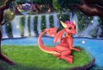  &lt;3 anus blue_eyes butt dragon ember female feral grass horn lake light looking_at_viewer nature necklace outside paws pink_skin pussy saebira scalie spyro_the_dragon tree video_games waterfall wings 