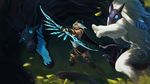  2015 ambiguous_gender anthro arrow artsed ashe black_fur blue_eyes bow_(weapon) breasts canine caprine clothed clothing digitigrade female fur hair kindred_(lol) lamb_(lol) league_of_legends mammal mask open_mouth ranged_weapon sheep spirit video_games wallpaper weapon white_fur white_hair 