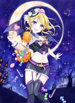  ayase_eli bat_wings blonde_hair blue_eyes blush candy crescent_moon food garter_straps hair_ornament hair_scrunchie halloween hat highres long_hair love_live! love_live!_school_idol_project mini_hat mini_witch_hat moon open_mouth ponytail pumpkin scrunchie shino_(shinderera) smile solo thighhighs wings witch_hat 