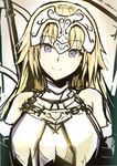  bare_shoulders blonde_hair blush breasts chain elbow_gloves fate/apocrypha fate/grand_order fate_(series) gloves hair_down headpiece highres jeanne_d'arc_(fate) jeanne_d'arc_(fate)_(all) large_breasts lips long_hair looking_at_viewer purple_eyes smile solo upper_body xiaodi 